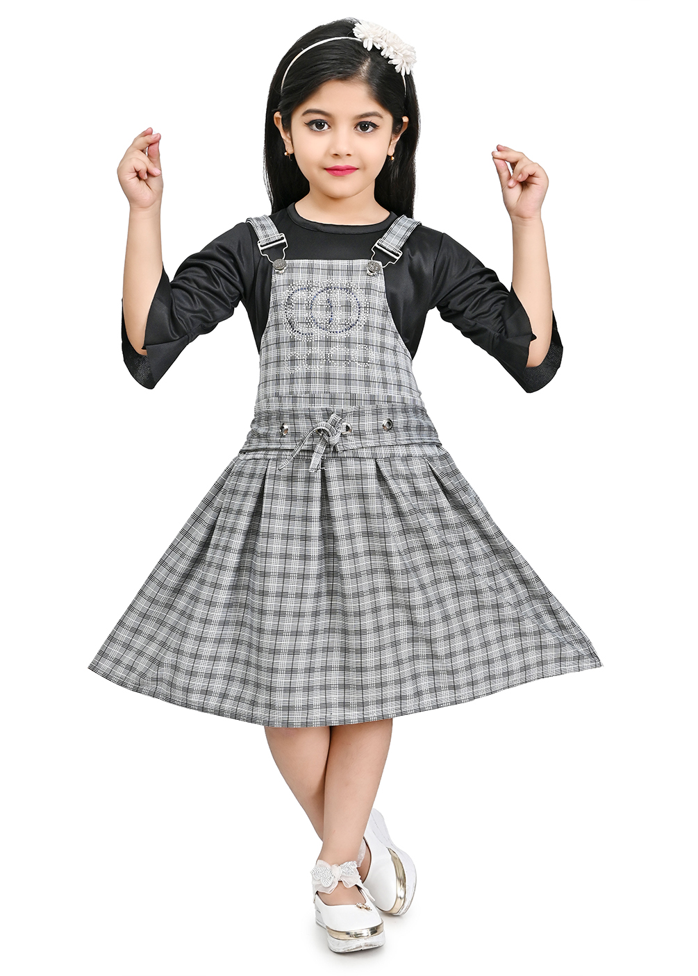 Girls Casual Checkered Printed Dungaree Dress