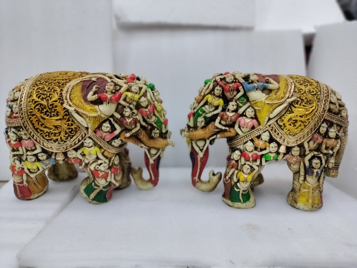 MARBLE STONE DUST ELEPHANT PAIR AMBADED FOLK STATUE 12_ HT 8.5 KG Wt_ HCUNI142
