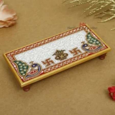 Peacock Art Design Marble Pooja Chowki